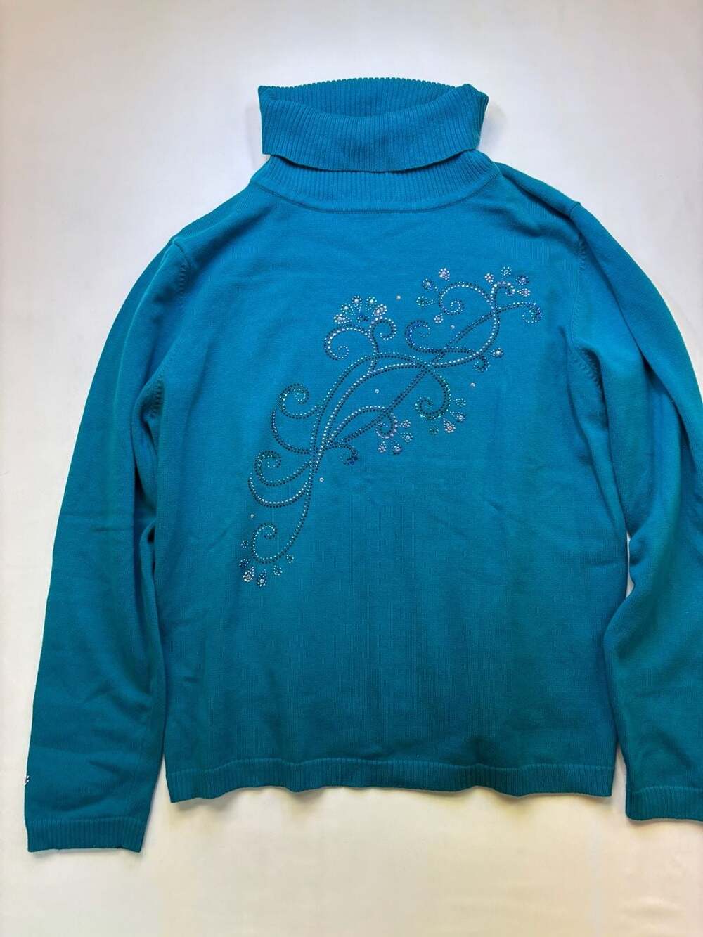 Christine Alexander Vintage Teal Turtleneck with Floral Swirl Embroidery Size L